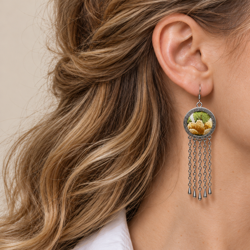 Close view of Golden Solace worn with the golden-yellow petals and green leaves facing outward, above five long oval-link chains with teardrop ends.