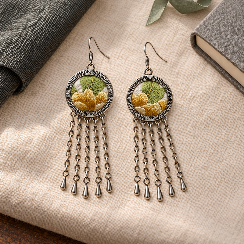 Golden Solace pair on cream woven cloth beside dark fabric, a gray book and green ribbon, with both yellow-and-green embroidered fronts facing up.