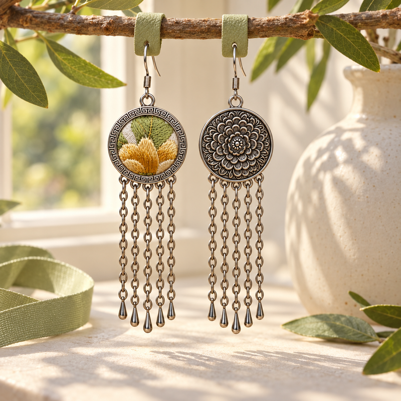 Golden Solace earrings hanging through green textured loops on a leafy branch, showing the embroidered front and floral reverse beside a pale vase.