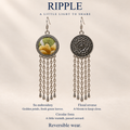 RIPPLE A Little Light to Share design card showing Golden Solace's Suzhou embroidered front, floral reverse and five long chains with teardrop ends.