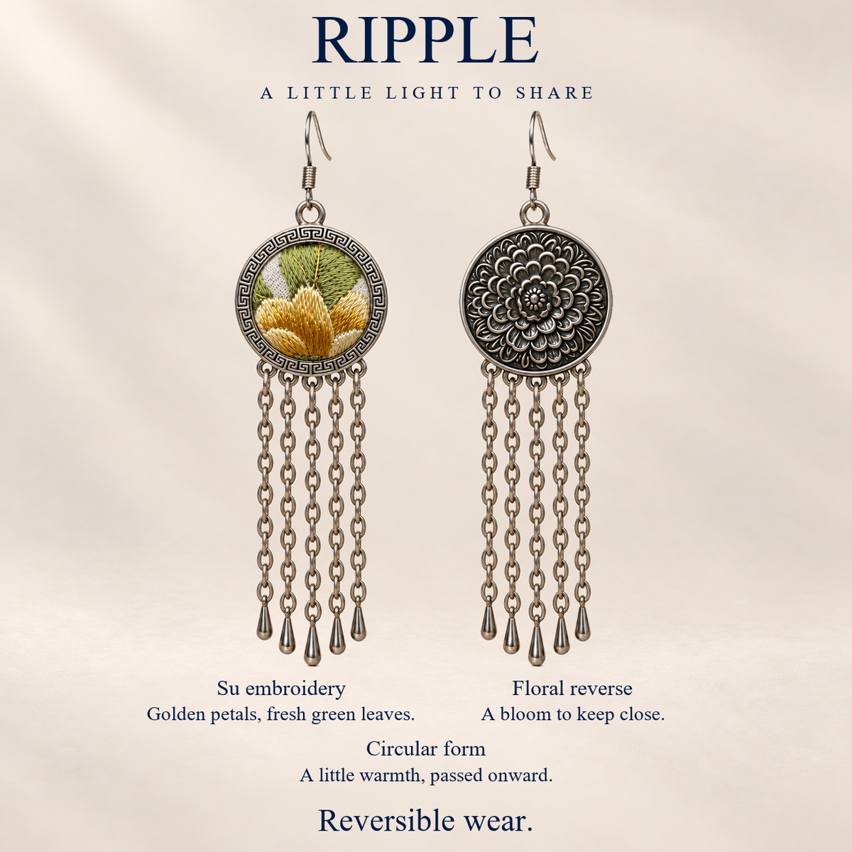 RIPPLE A Little Light to Share design card showing Golden Solace's Suzhou embroidered front, floral reverse and five long chains with teardrop ends.