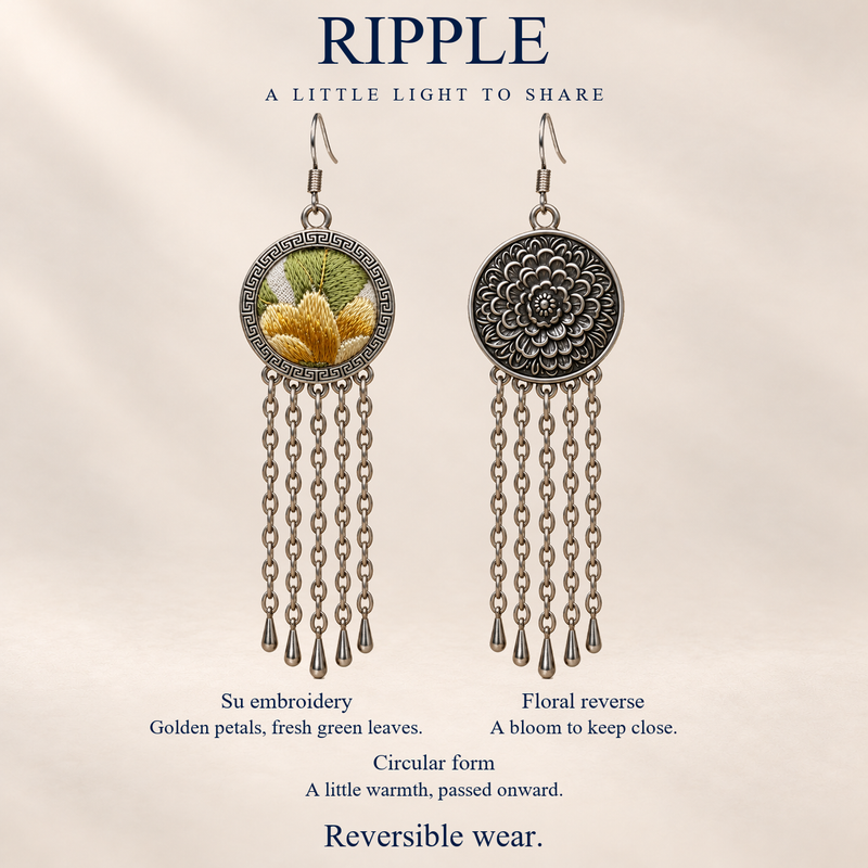 RIPPLE A Little Light to Share design card showing Golden Solace's Suzhou embroidered front, floral reverse and five long chains with teardrop ends.