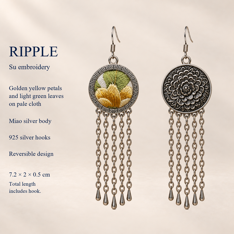 Golden Solace detail card showing Suzhou embroidery, floral reverse, Miao silver body, 925 silver hooks and 7.2 by 2 by 0.5 cm dimensions including hook.