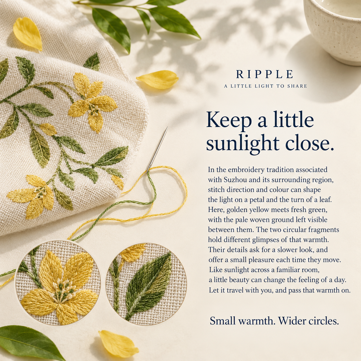 Suzhou embroidery culture card titled Keep a little sunlight close., with yellow flowers and green leaves on pale cloth, a needle, yellow-green thread and circular stitch details.