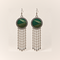 Verdant Concord earrings with emerald Song Brocade fronts, pale diagonal motifs, gold-olive curved bands and five long oval-link chains with teardrops.