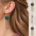 Model wearing Verdant Concord earrings with a dusty-pink blouse, beside front, side and floral reverse views of one earring.