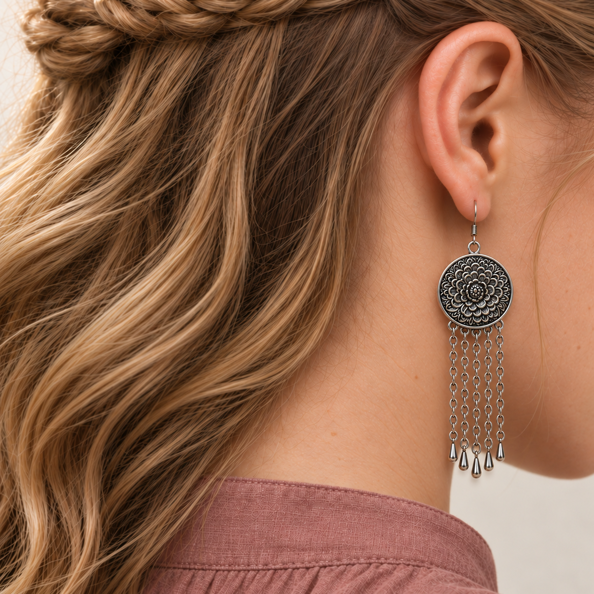 Close view of a model wearing the floral metal reverse of a Verdant Concord earring, with five long chains and teardrop pendants.