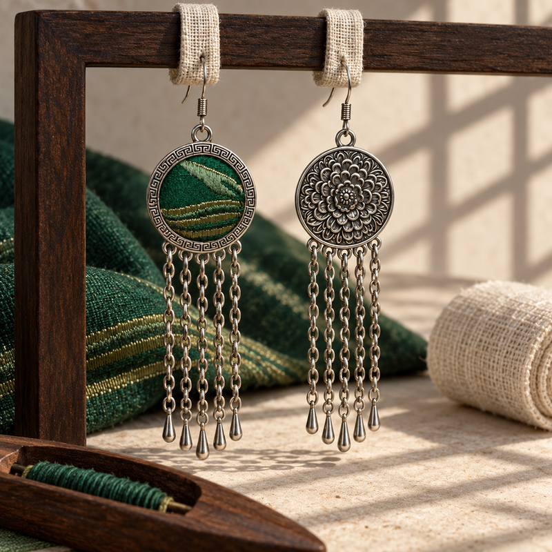 Verdant Concord front and floral reverse hanging from pale woven loops on a wooden frame, with green textile and a thread-filled shuttle below.