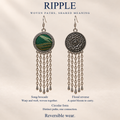 Verdant Concord design card linking interlaced Song Brocade, the circular form, floral reverse and reversible wear, with long-chain earrings.