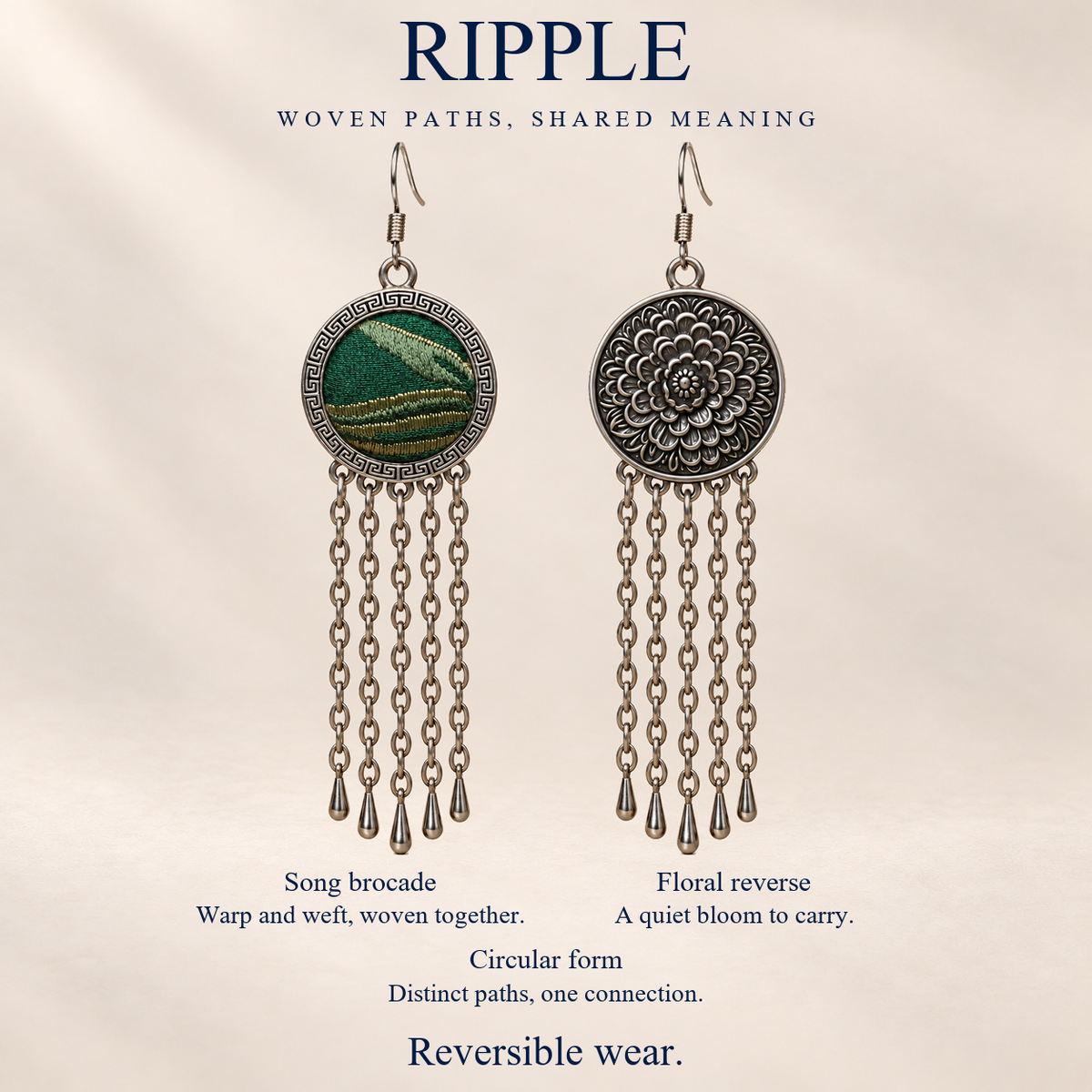Verdant Concord design card linking interlaced Song Brocade, the circular form, floral reverse and reversible wear, with long-chain earrings.