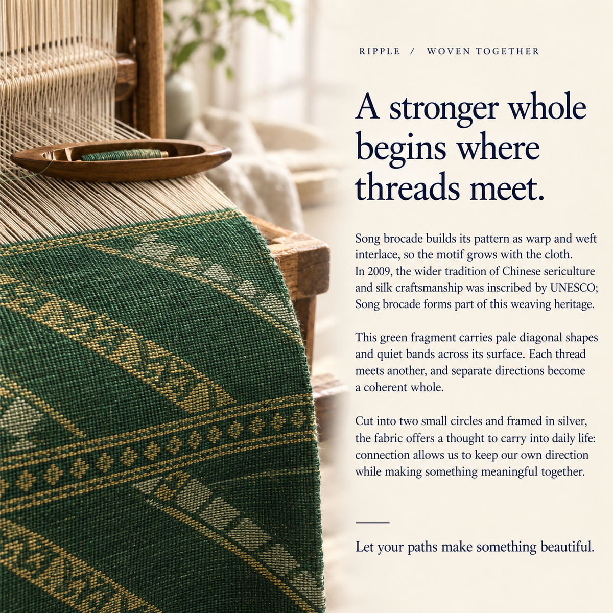 Song Brocade culture illustration with a wooden loom, warp threads, a shuttle and green patterned textile, beside text about threads meeting.