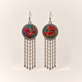 Scarlet Affinity earrings with red Horsehair Embroidery fronts, teal and magenta curves, pale raised outlines and five long chains with teardrops.