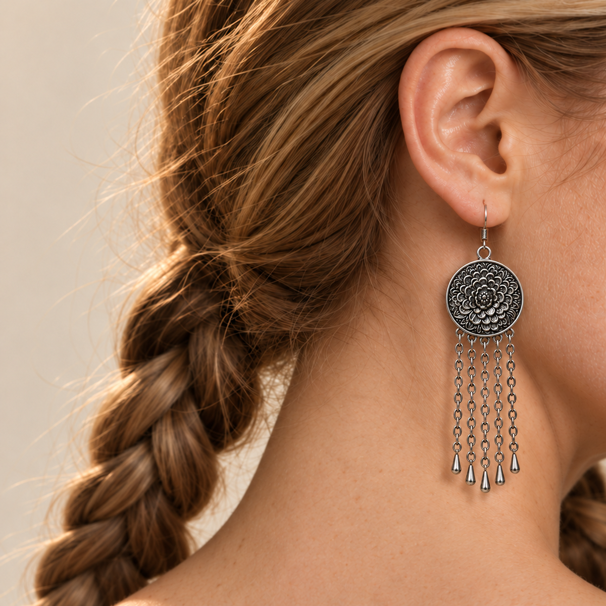 Model looking downward while wearing the floral metal reverse of a Scarlet Affinity earring with five long chains and teardrop pendants.