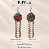 Scarlet Affinity design card showing Horsehair Embroidery, floral reverse, circular form and reversible wear with full long-chain earrings.