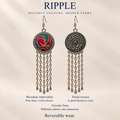 Scarlet Affinity design card showing Horsehair Embroidery, floral reverse, circular form and reversible wear with full long-chain earrings.