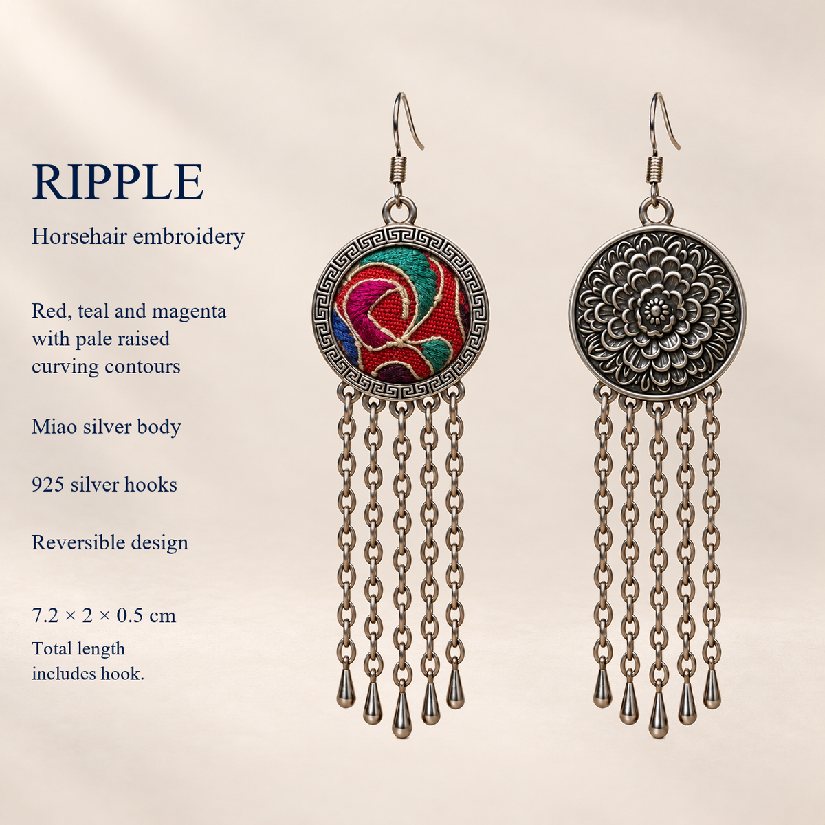 Scarlet Affinity detail card with embroidered front, floral reverse, Miao silver body, 925 silver hooks and dimensions of 7.2 by 2 by 0.5 cm including hook.