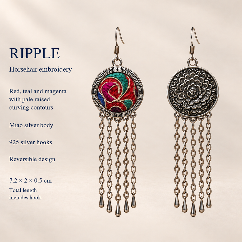 Scarlet Affinity detail card with embroidered front, floral reverse, Miao silver body, 925 silver hooks and dimensions of 7.2 by 2 by 0.5 cm including hook.