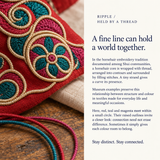 Horsehair Embroidery culture illustration with pale raised cord outlines, teal and magenta stitching on red cloth, and text about thread and connection.