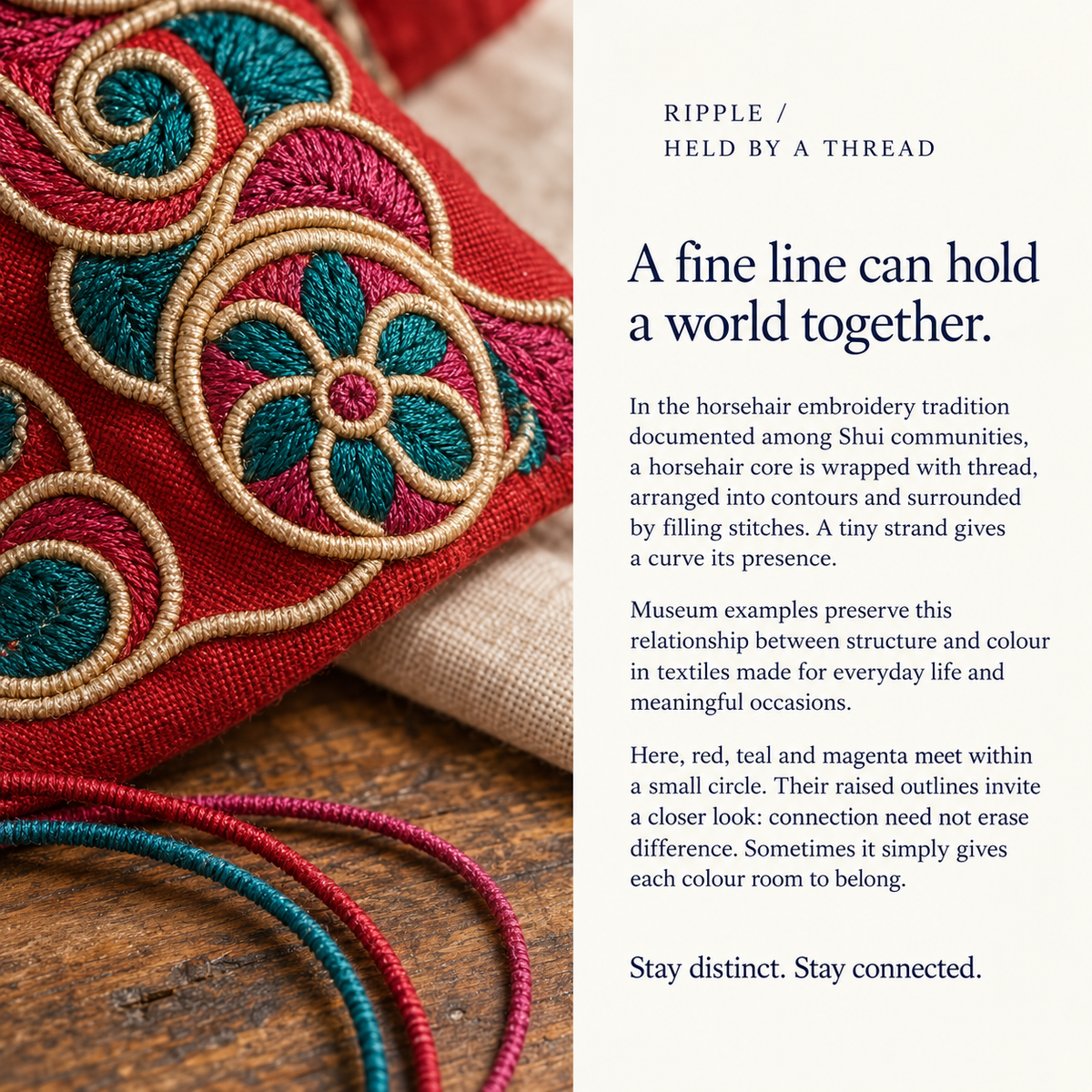 Horsehair Embroidery culture illustration with pale raised cord outlines, teal and magenta stitching on red cloth, and text about thread and connection.