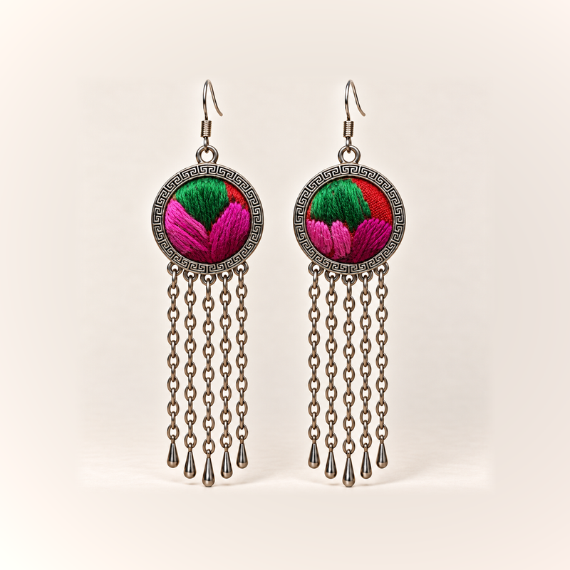 Rose Chorus earrings with bold green and rose-pink Songtao Embroidery, red accents, patterned circular rims and five long chains ending in teardrops.