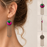 Model wearing Rose Chorus earrings with a loose high bun and olive V-neck top, beside front, side and floral reverse views.