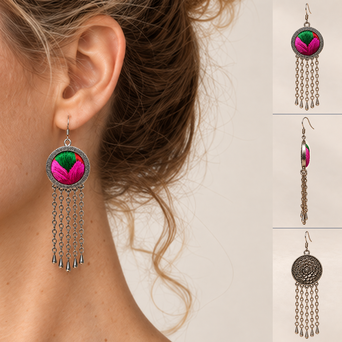 Model wearing Rose Chorus earrings with a loose high bun and olive V-neck top, beside front, side and floral reverse views.