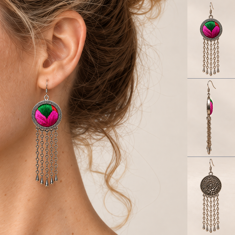 Model wearing Rose Chorus earrings with a loose high bun and olive V-neck top, beside front, side and floral reverse views.