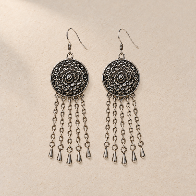 Pair of Rose Chorus earrings shown from the floral metal reverse, with smooth outer rims and five long oval-link chains ending in teardrops.