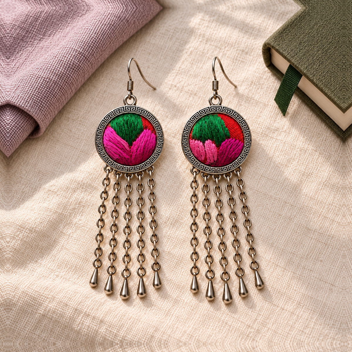 Both Rose Chorus embroidered fronts face upward on cream cloth beside folded pink fabric and an olive book with a green bookmark.