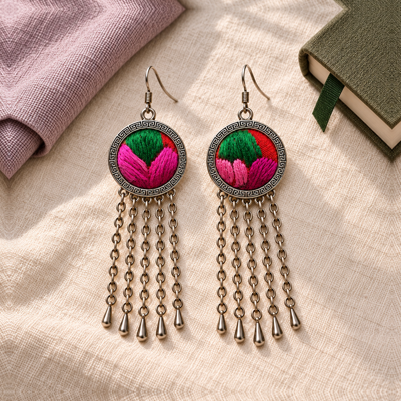 Both Rose Chorus embroidered fronts face upward on cream cloth beside folded pink fabric and an olive book with a green bookmark.
