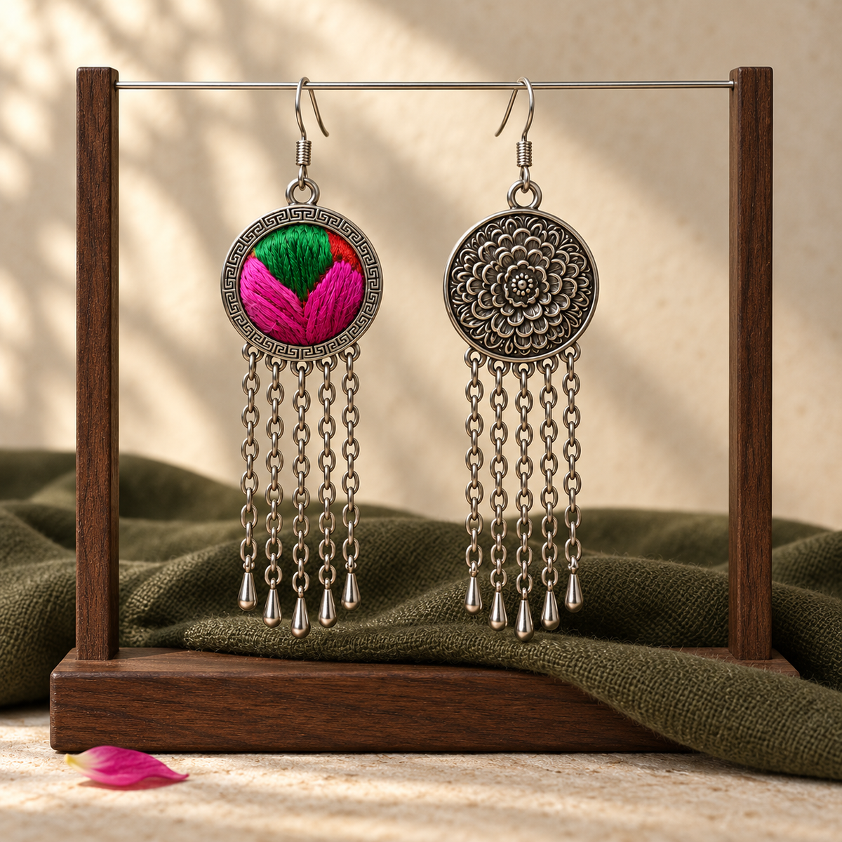 Rose Chorus embroidered front and floral reverse suspended from a thin metal crossbar in a wooden frame above olive cloth.