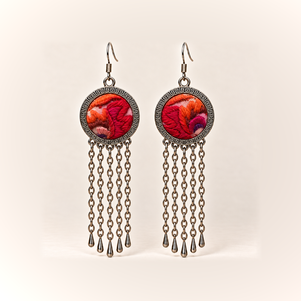 Ember Refrain Yi Embroidery earrings with raised red and orange stitches, pale pink ground, purple accents and five long oval-link chains with teardrops.