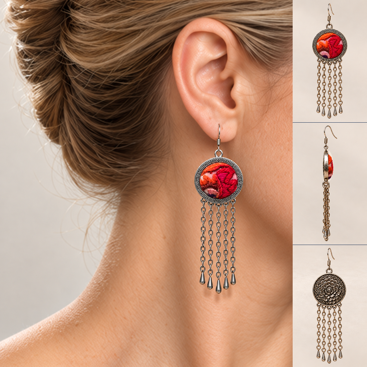 Model wearing Ember Refrain earrings with a smooth low updo and blue asymmetric top, beside front, side and floral reverse views.
