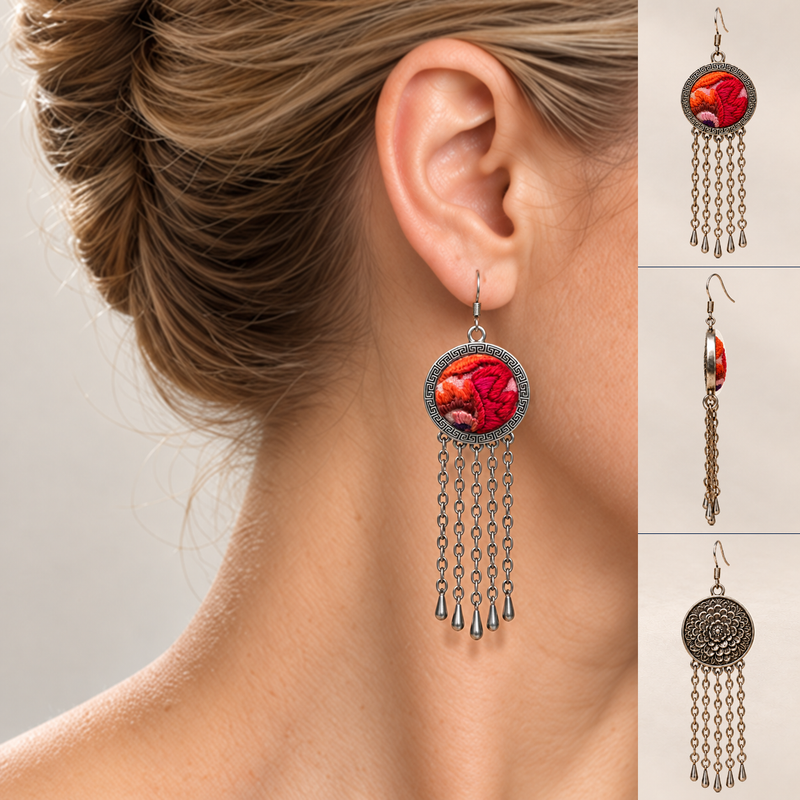 Model wearing Ember Refrain earrings with a smooth low updo and blue asymmetric top, beside front, side and floral reverse views.