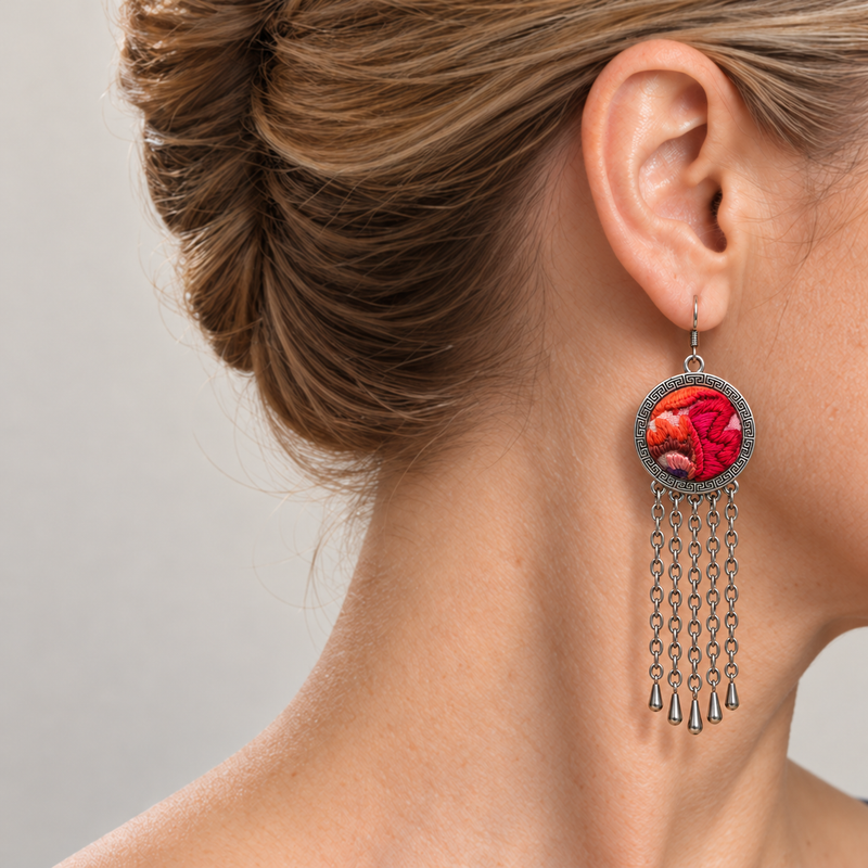 Ember Refrain earring worn at the ear, showing raised red and orange embroidery on pale pink, a patterned rim and five long tassel chains.