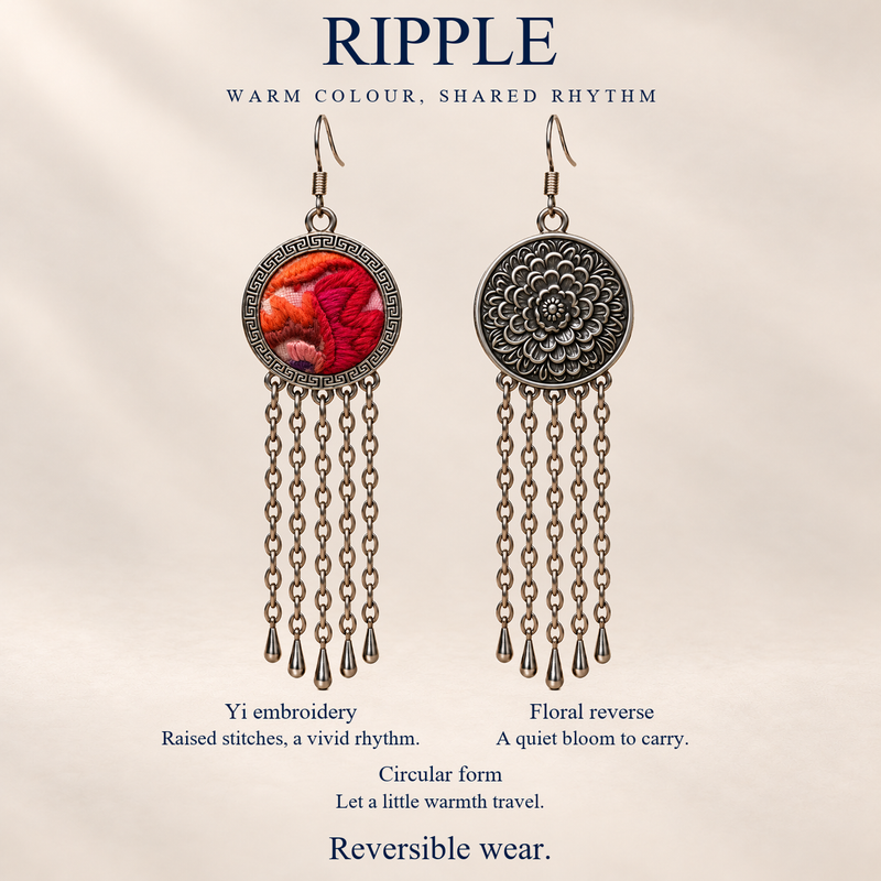Ember Refrain design card showing Yi Embroidery, floral reverse, circular form and reversible wear with full long-chain earrings.