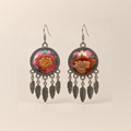 Garden Murmur Suzhou Embroidery earrings with warm floral fronts on pink and mint grounds, each with five short chains and flat leaf pendants.