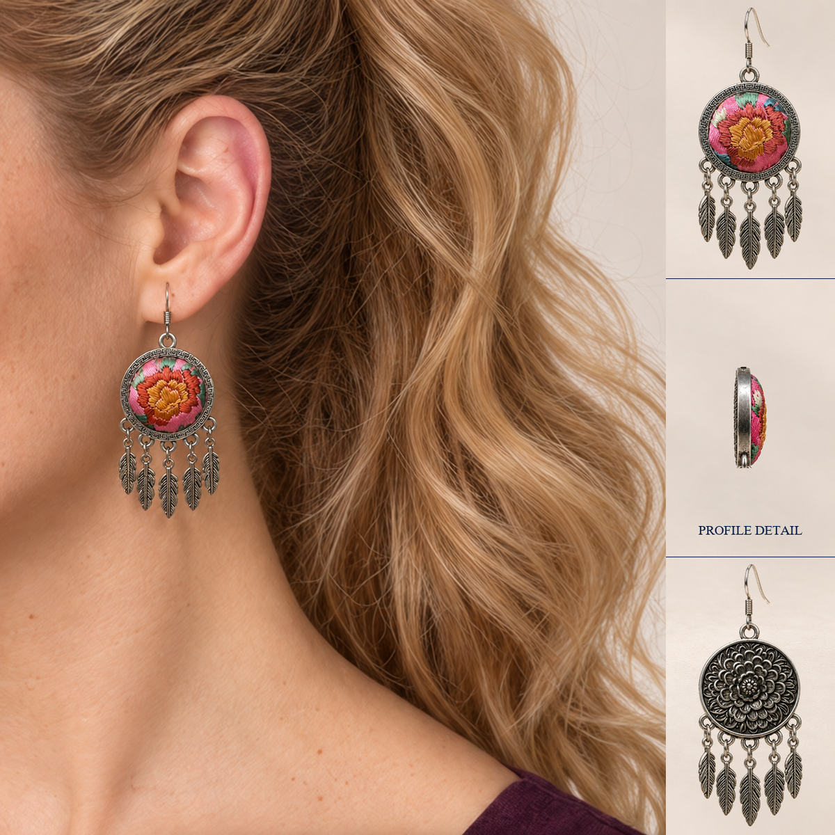Model wearing Garden Murmur earrings with a high ponytail and plum square-neck top, beside full front and back views and a shell profile detail.