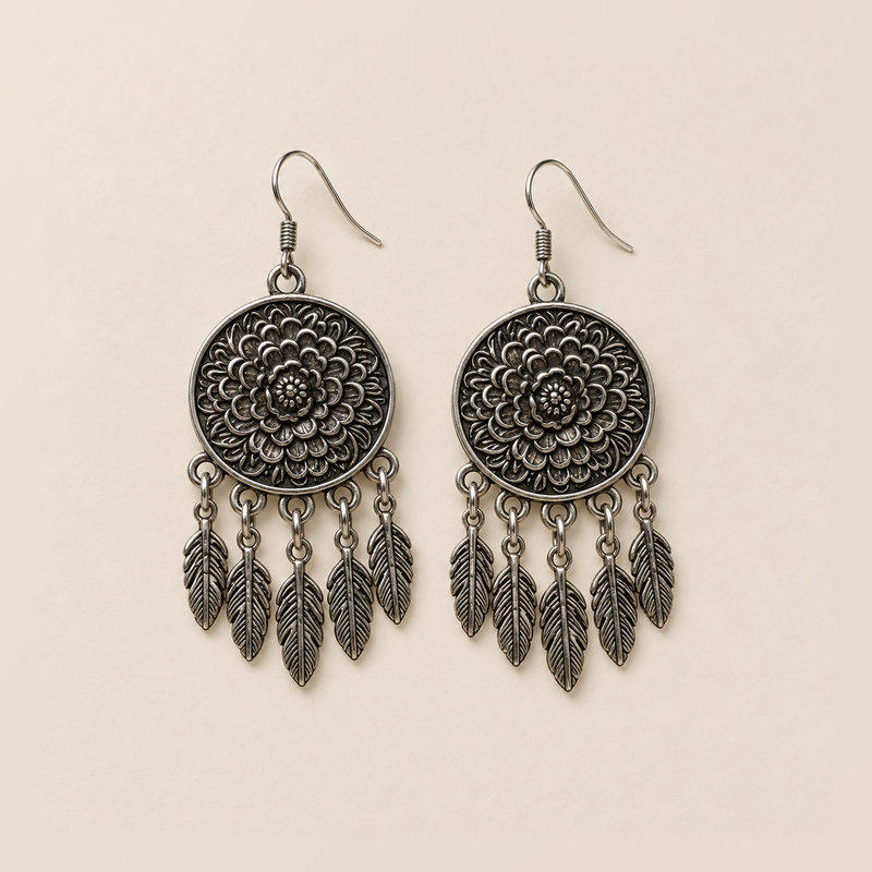 Pair of Garden Murmur floral metal reverses on cream cloth, each with five short connecting chains and flat veined leaf pendants.