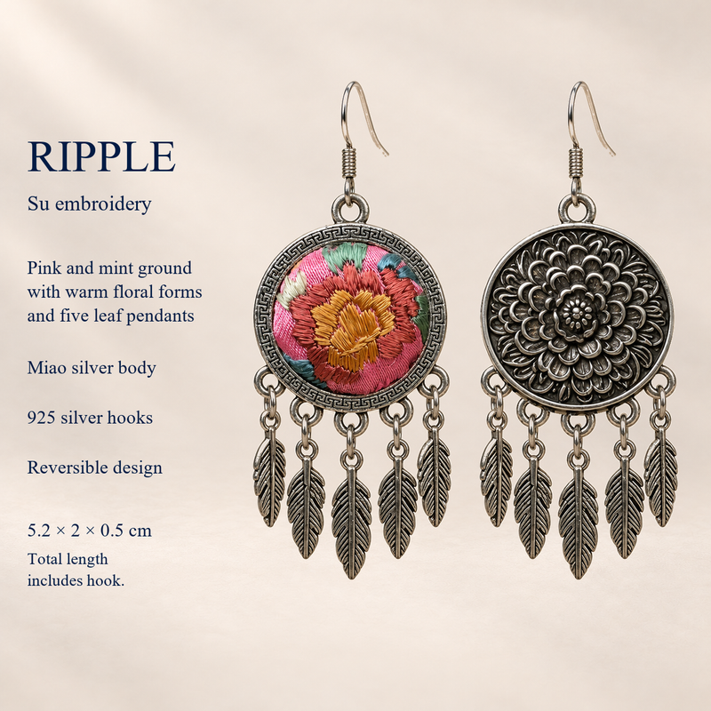 Garden Murmur detail card with embroidered front, floral reverse, five leaf pendants, 925 silver hooks and 5.2 by 2 by 0.5 cm dimensions including hook.