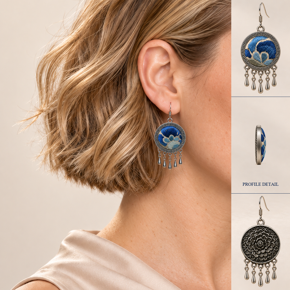 Model wearing Azure Harmony earrings with a wavy bob and champagne-colored draped top, beside full front and back views and a shell profile detail.