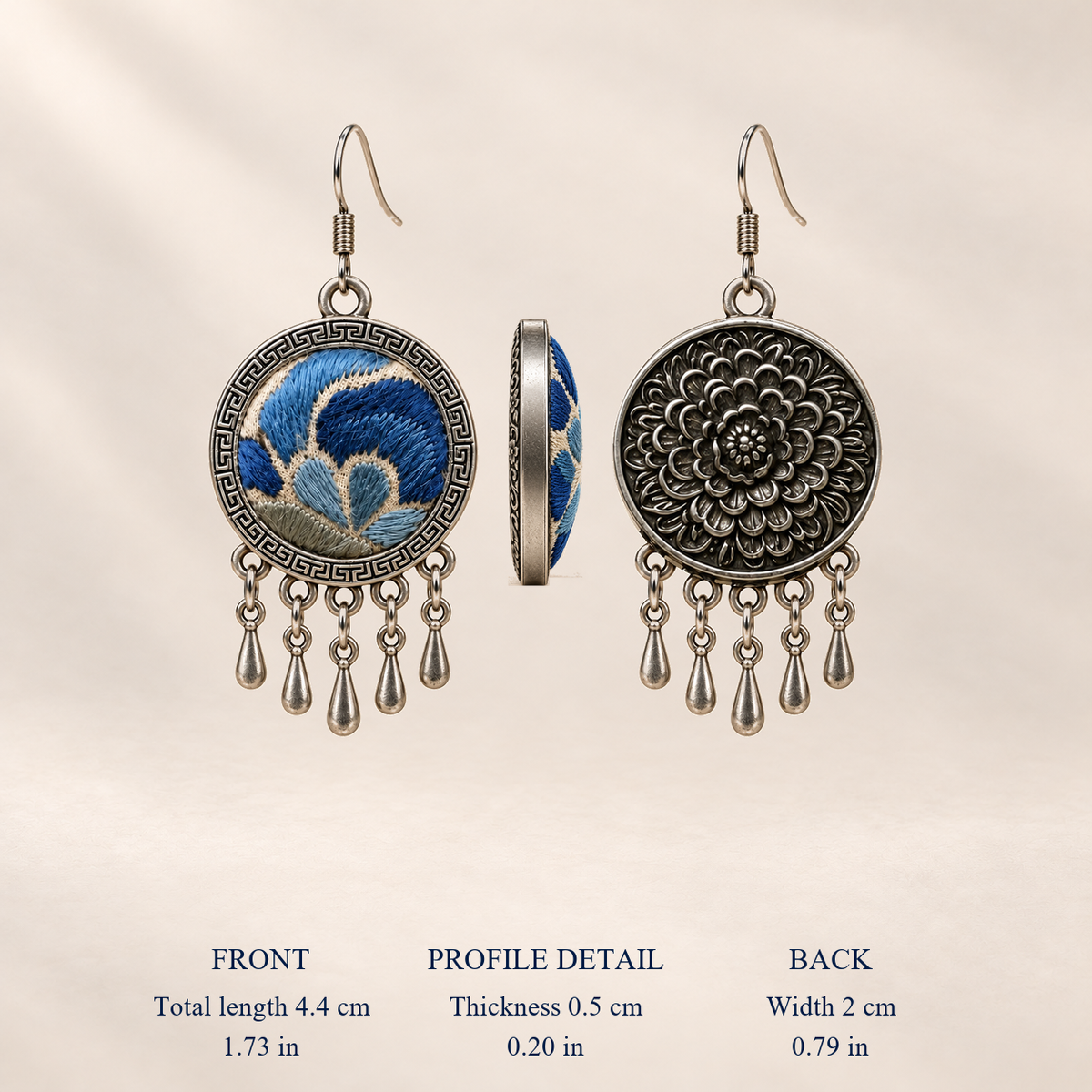 Azure Harmony full front and back views with shell profile detail, labeled 4.4 cm including hook, 2 cm wide and 0.5 cm thick.