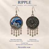 Azure Harmony design card showing Three-Blue Embroidery, floral reverse, circular form and reversible wear, under Many Shades, One Connection.