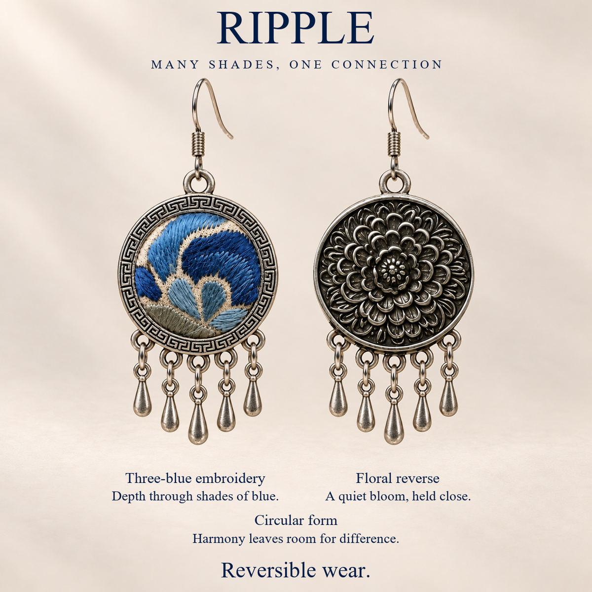 Azure Harmony design card showing Three-Blue Embroidery, floral reverse, circular form and reversible wear, under Many Shades, One Connection.