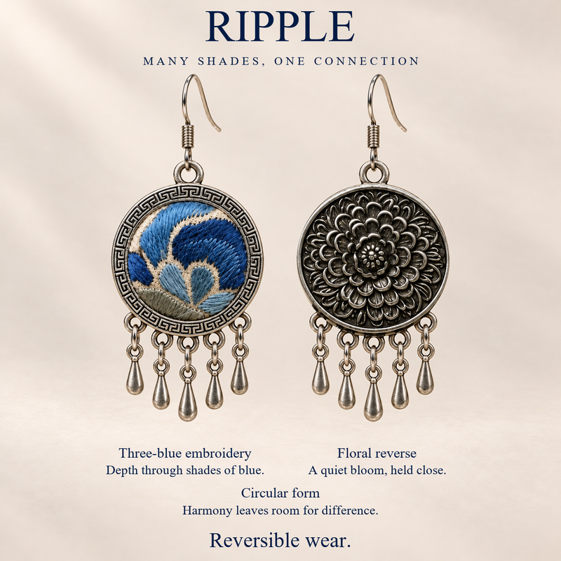 Azure Harmony design card showing Three-Blue Embroidery, floral reverse, circular form and reversible wear, under Many Shades, One Connection.