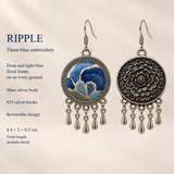 Azure Harmony detail card with blue embroidered front, floral reverse, 925 silver hooks and 4.4 by 2 by 0.5 cm dimensions including hook.