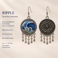 Azure Harmony detail card with blue embroidered front, floral reverse, 925 silver hooks and 4.4 by 2 by 0.5 cm dimensions including hook.