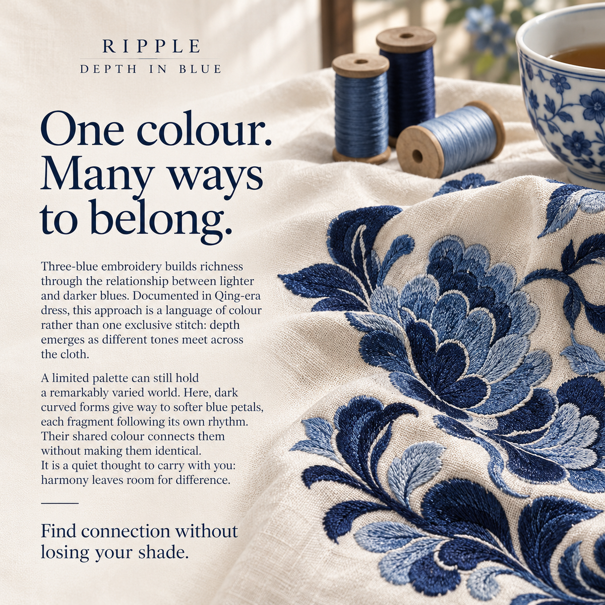 Three-Blue Embroidery culture illustration with blue floral stitching on cream cloth, three blue thread spools and a blue-and-white patterned cup.