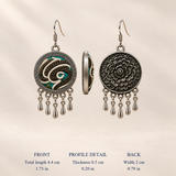 Teal Reverie full front and back views with shell profile detail, labeled 4.4 cm including hook, 2 cm wide and 0.5 cm thick.