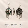 Teal Reverie full front and back views with shell profile detail, labeled 4.4 cm including hook, 2 cm wide and 0.5 cm thick.